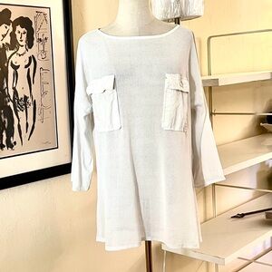 Vintage Halston III White Mesh Pocket Top Textured Boho Tunic Made USA,Size Lg